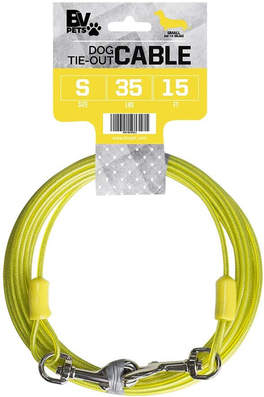 Dog Tie Out Cable 15 Feet - Heavy Duty Dog Lead up to 35 Pounds - Reflective & Rust-Free with Quick Release Swivel Clips & 360° Rotating Clasp - Tangle-Free Dogs Runner for Yard (Yellow, Single)