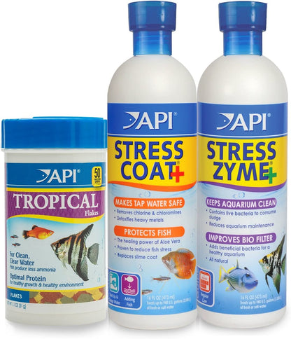 Aquarium Water Treatment & Trop. Fish Food: Stress Coat 16 Oz, Stress Zyme 16 Oz, Tropical Flakes 1.1 Oz